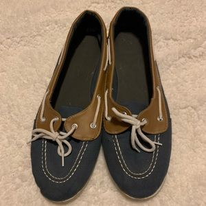 Brown and blue boat shoes